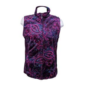 Vintage Womens Large Velvet Vest Zip Front Purple Paisley Boho Art To Wear Artsy